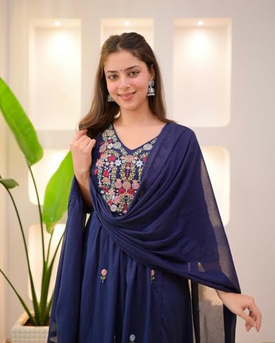KLOSIA Women Embroidery Solid Anarkali Kurta and Pant Set with Dupatta (in, Alpha, L, Blue)