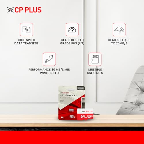 CP PLUS 64GB microSDXC Memory Card Grade UHS-3 Class 10, Up to 70 Mbps Reading & 30 Mbps Writing Speed with High Performance of Data Transfer & Lower Power Consumption for Portable Devices| CP-UM64C