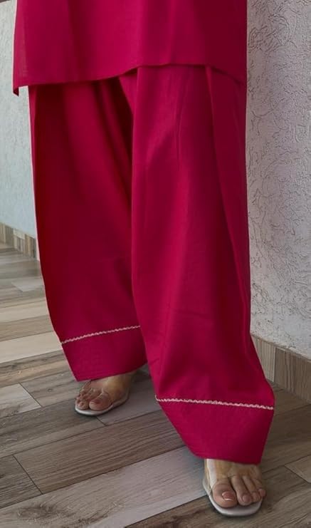 HION HILS Women's Rayon Farshi Salwar Suit with Palazzo Set 3/4 Sleeves Plain Kurti for Girls Pink 2XL