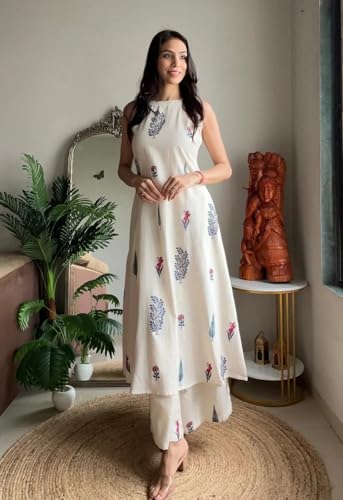 Klosia Women Pure Cotton Kurta Palazzo Set | Sleeveless Printed Kurta with Palazzo Pants | Summer Friendly, Office Wear Co-Ord Sets