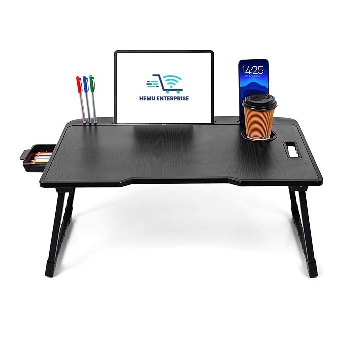 Smart Multipurpose Foldable Laptop Table with Cup Holder, Study Table, Bed Table, Breakfast Table, Foldable and Portable/Ergonomic & Rounded Edges/Non-Slip Legs (Black)