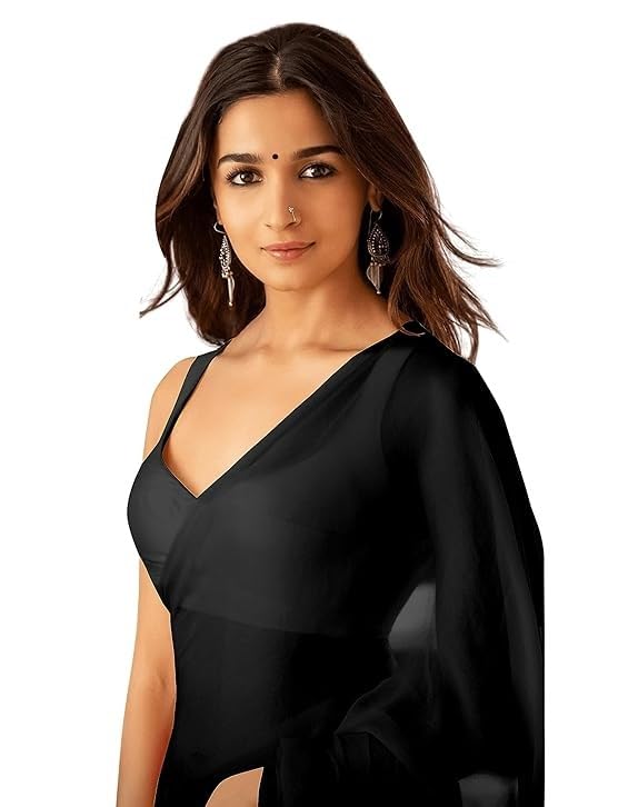 Indian Fashionista Women's Black Plain Pure Georgette Saree With Unstitched Blouse Piece (Rocky Aur Rani Ki Prem Kahani Alia Bhatt Saree)