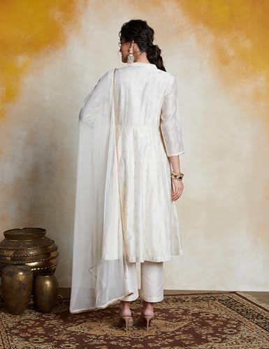 Amazon Brand - Myx Women's Embroidered Anarkali Kurta Set with Mesh Dupatta | Chanderi Blend (AW25-MYX-GEE-KS-23_Off-white_3XL)