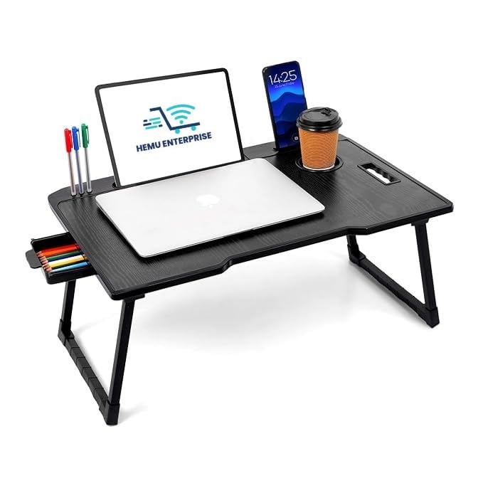 Smart Multipurpose Foldable Laptop Table with Cup Holder, Study Table, Bed Table, Breakfast Table, Foldable and Portable/Ergonomic & Rounded Edges/Non-Slip Legs (Black)