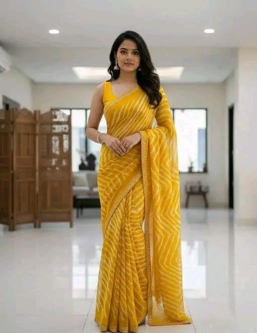 Women’s Soft Georgette Lace Work Saree – Casual WearYellow Muskan