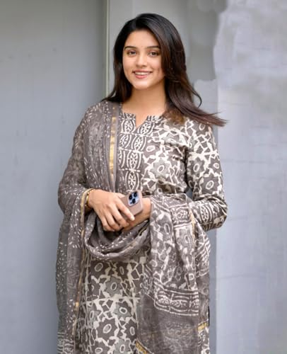 KLOSIA Women's Printed Straight Kurta and Pant with Dupatta Set (in, Alpha, XL, Grey)