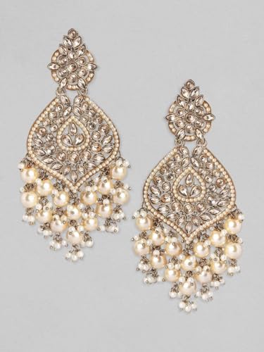 Rubans Gold Plated Handcrafted AD Studded & Gold Beads Chandbali Earrings For Women
