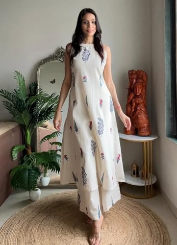 Klosia Women Pure Cotton Kurta Palazzo Set | Sleeveless Printed Kurta with Palazzo Pants | Summer Friendly, Office Wear Co-Ord Sets