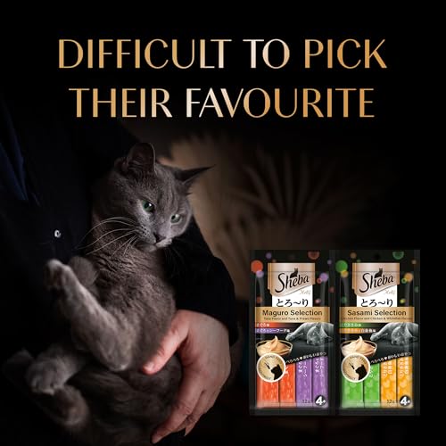 Sheba Melty Premium Lickable Creamy Cat Treats, Maguro Selection – Tuna & Tuna & Prawn Flavors, 4 Sticks x 12g (48g), Creamy Treats for Bonding
