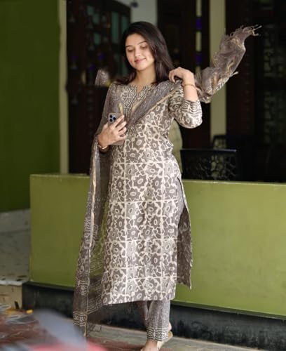 KLOSIA Women's Printed Straight Kurta and Pant with Dupatta Set (in, Alpha, XL, Grey)