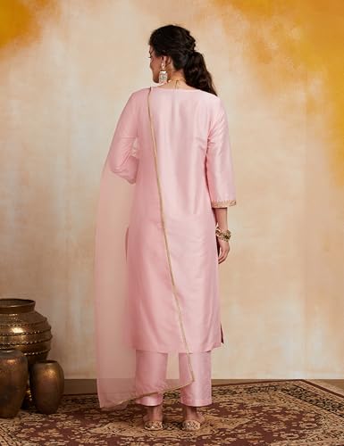 Amazon Brand- Myx Women's Embroidered Kurta Pant Set with Organza Dupatta (AW25-MYX-VEN-KS-10_Blush Pink_M)