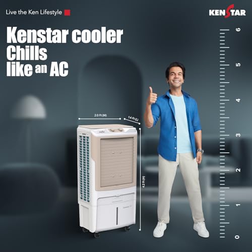 Kenstar Dominar HC 70 Desert Air Cooler|70L Tank|5-Star BEE Rated|5-Year Warranty on Pump & Motor|50 ft Air Throw|Honeycomb Cooling Pads|Ice Chamber|Water Level Indicator I 16-Inch Fan I White & beige