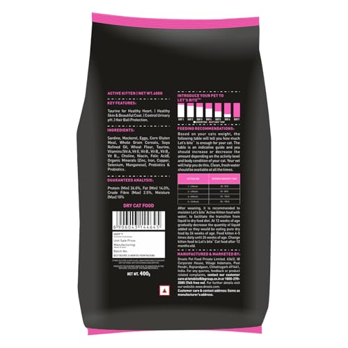 Let's Bite Active Kitten Dry Cat Food, 400 gm (Buy 1 Get 1 Free), Total 800 g Pack