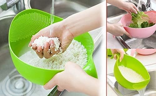 RICH MORE Plastic Rice Washing Bowl with Strainer, Green, 11x6x5 inch, Kitchen Colander with Handle