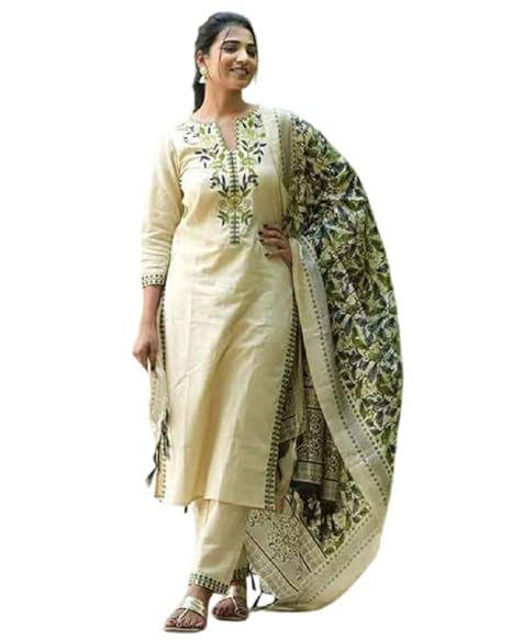 Fabyuti Women's Cotton Handloom Embroidered Kurta with Pant & Dupatta Set-GREEN_2XL