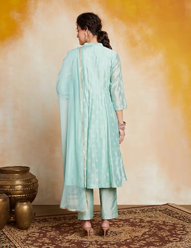 Amazon Brand - Myx Women's Embroidered Anarkali Kurta Set with Mesh Dupatta | Chanderi Blend (AW25-MYX-GEE-KS-23_Sea Green_M)