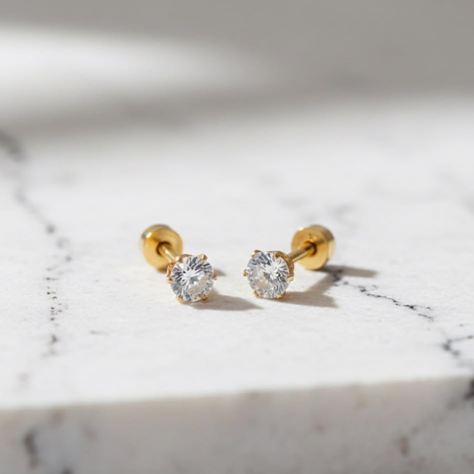 ELARVIA - 4mm Women’s Screw Back Stud Earrings – Gold Stainless Steel CZ Diamond Look Ear Studs for Women & Girls | Hypoallergenic, Everyday, Office , Party & Festive Earings, Durable & Stylish Fashion Jewelry Pair