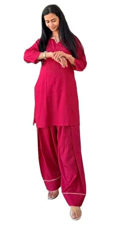 HION HILS Women's Rayon Farshi Salwar Suit with Palazzo Set 3/4 Sleeves Plain Kurti for Girls Pink 2XL