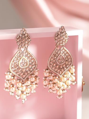Rubans Gold Plated Handcrafted AD Studded & Gold Beads Chandbali Earrings For Women