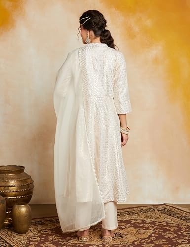 Amazon Brand - Myx Women's Embroidered Anarkali Kurta Set with Organza Dupatta in Chanderi Blend (AW25-MYX-RKM-KS-18_Off-white_L)