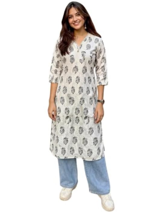 Ethnic Lady Viscose Rayon Long Kurti for Women | A-Line Kurta | V Neck Tunic for Women | 3/4 Sleeve Straight Kurta | White | S