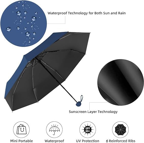 NOJTI Mini Umbrella with Case for Men & Women (Manual Open) Compact Travelling Pocket Umbrella, Polyester & UV Protect Fabric for Summer/Anti-Slip Handle- Use in Rain & Summer (BlueC)