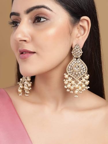 Rubans Gold Plated Handcrafted AD Studded & Gold Beads Chandbali Earrings For Women