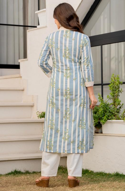 rytras Women's Pure Cotton Printed Straight Kurta Set with Palazzo Pants|Ethnic wear|Kurti Suit Set for Women(RYT734,M) Blue