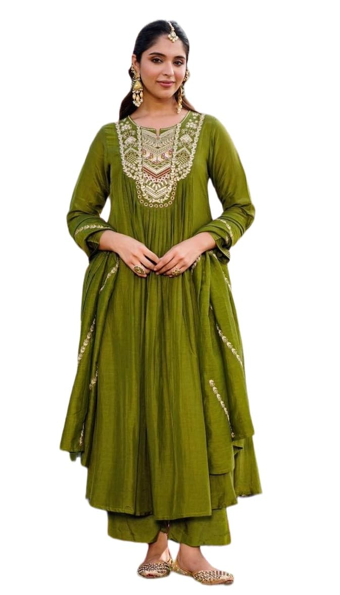 Nermosa Women Embroidery Solid Anarkali Kurta and Pant Set with Dupatta (IN, Alpha, 2XL, Green)