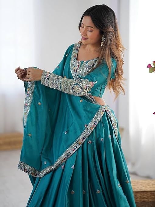 Shri Radhe Creation Women’s Semi Stitched Lehenga Choli Set With Unstitched Blouse And Designer Dupatta For Wedding, Party, Festival, Family Function Or Special Occasion (RAMA BLUE)