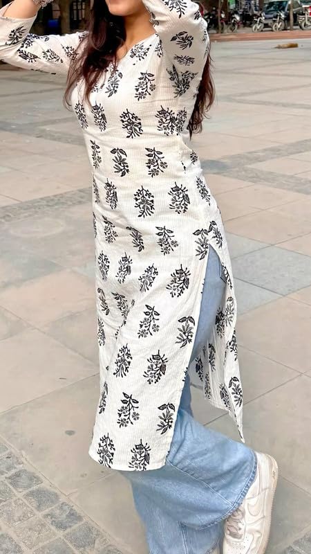 Ethnic Lady Viscose Rayon Long Kurti for Women | A-Line Kurta | V Neck Tunic for Women | 3/4 Sleeve Straight Kurta | White | S