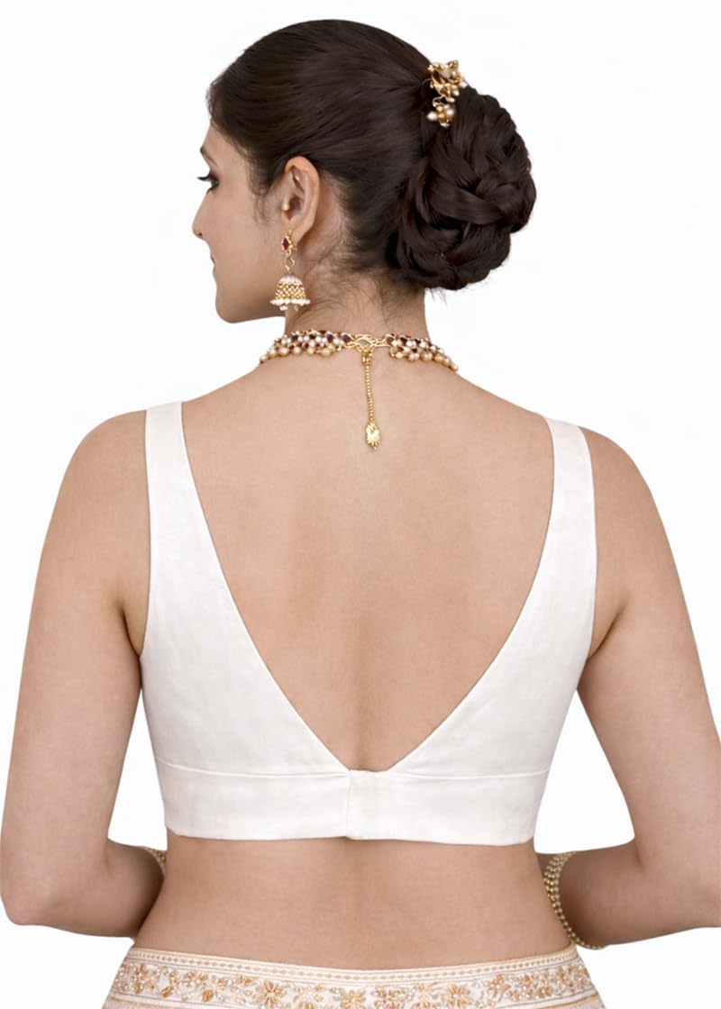 Women's Raw Silk Sleeveless V Neck Readymade Saree Blouse Padded with Cotton Lining Ready to Wear Ethnic Blouse (White, 32)