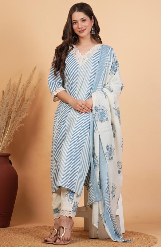 rytras Women's Pure Cotton Printed Straight Kurta Set with Palazzo Pants & Dupatta|Ethnic wear|Kurti Suit Set for Women(TCK724,Blue,XL)