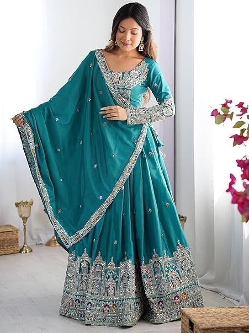 Shri Radhe Creation Women’s Semi Stitched Lehenga Choli Set With Unstitched Blouse And Designer Dupatta For Wedding, Party, Festival, Family Function Or Special Occasion (RAMA BLUE)