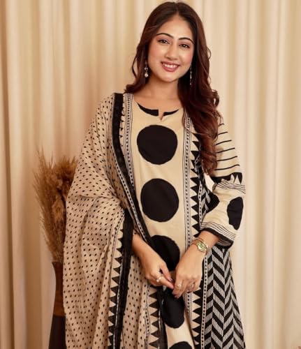 Klosia Women Printed Straight Kurta and Pant Set with Dupatta | Printed Kurta Set | Cotton Kurta Set | Women Kurta Sets | Summer Suit | (in, Alpha, 2XL, Standard, Black)