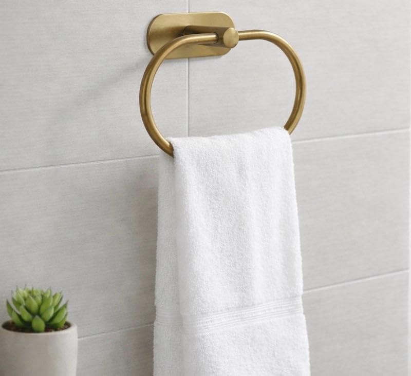 Oslen Magic Sticker Towel Ring Holder for Bathroom – Self Adhesive Wall Mount Hand Towel Hanger Without Drilling, Brushed Antique Brass Gold Finish, Rustproof Stainless Steel (Pack of 1)