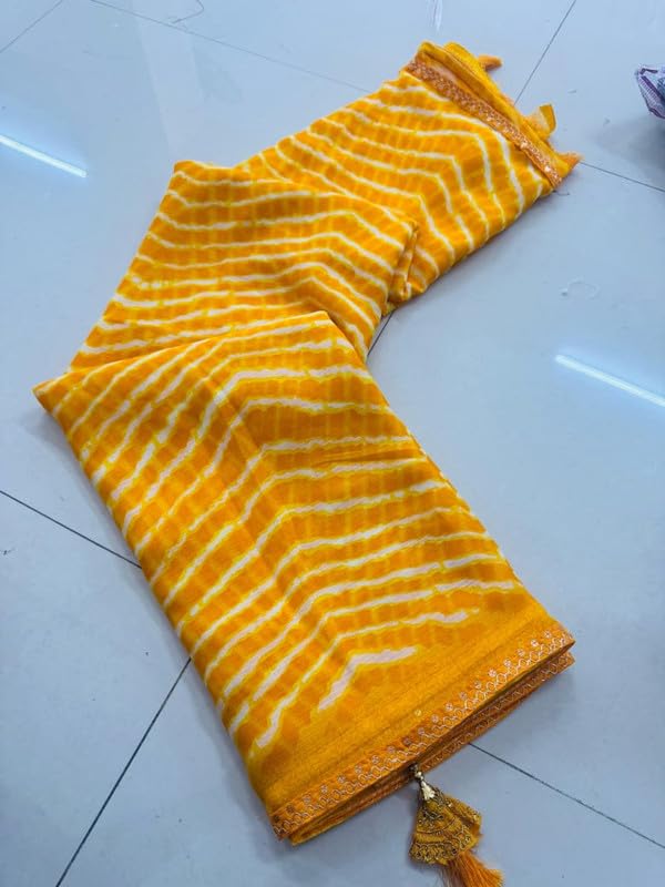 Women’s Soft Georgette Lace Work Saree – Casual WearYellow Muskan