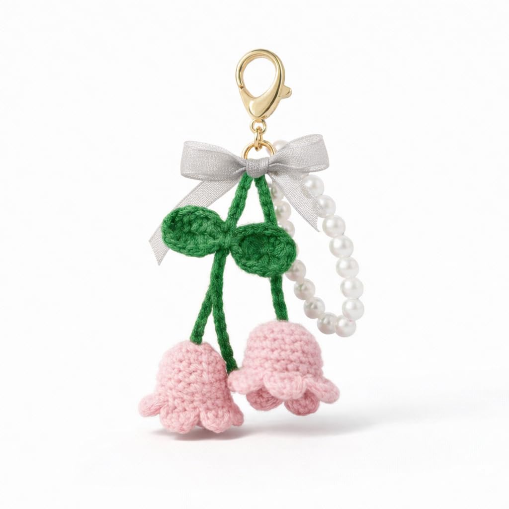 Handmade Crochet Cherry Keychain with Pearl Loop & Gold Clasp | Cute Pink Yarn Bag Charm for Girls & Women | Aesthetic Bike Key & School Bag Accessory