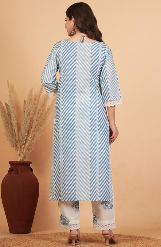 rytras Women's Pure Cotton Printed Straight Kurta Set with Palazzo Pants & Dupatta|Ethnic wear|Kurti Suit Set for Women(TCK724,Blue,XL)