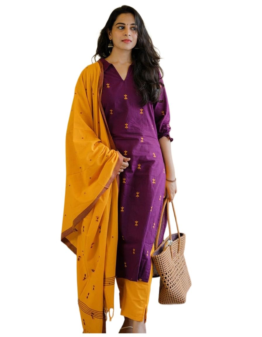 GoSriKi Women's Viscose Foal Work Straight Kurta with Pant & Dupatta (Vaidhik Magenta-GS_L_Magenta_Large)