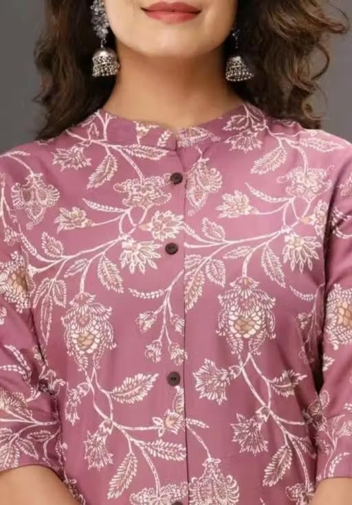 Women's Floral Printed Kurti, Mauve Pink, Half Sleeve, Button-Down Style (in, Alpha, 2XL, Pink)