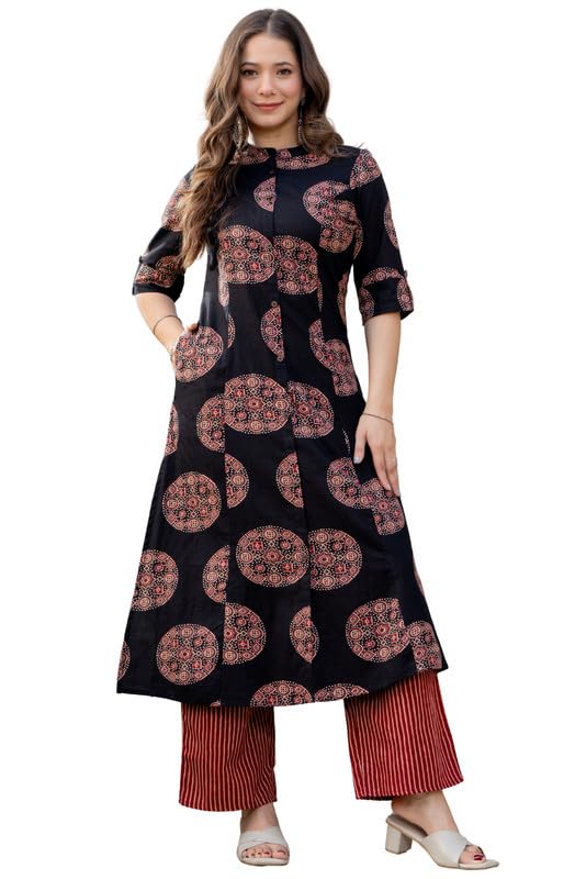 rytras Women's Pure Cotton Printed A-Line Kurta Set with Palazzo Pants|Ethnic wear|Kurta Set for Women(Black,RYT741,XL)