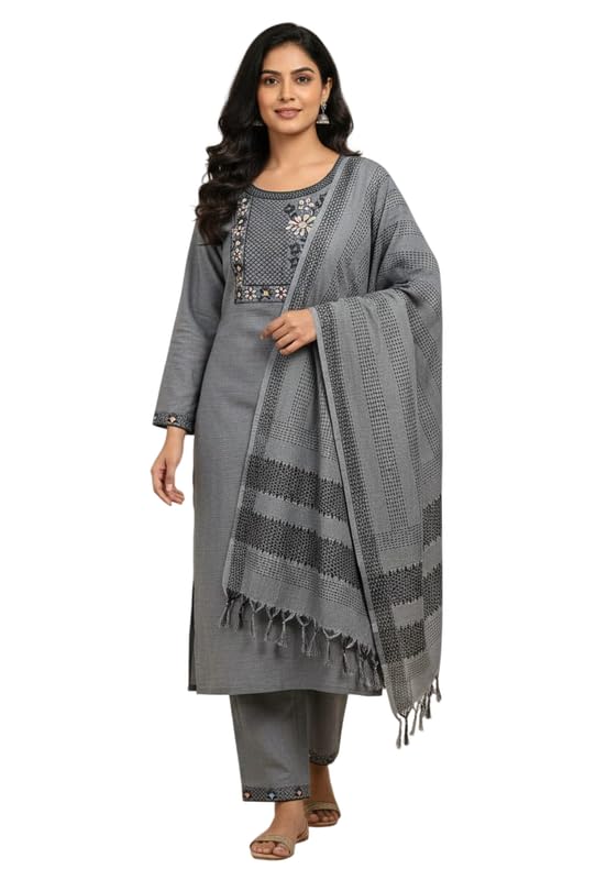 Women's South Cotton Embroidery Work Kurta with Pant & Dupatta GREY GREY_2XL