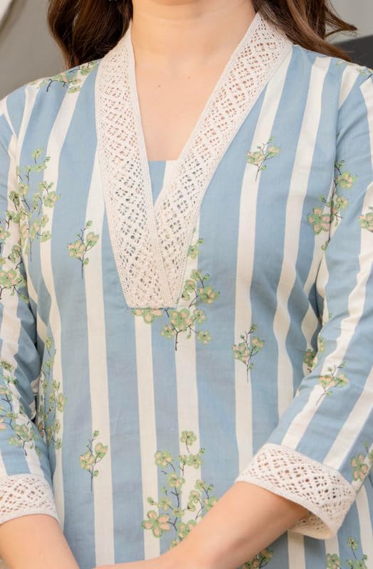 rytras Women's Pure Cotton Printed Straight Kurta Set with Palazzo Pants|Ethnic wear|Kurti Suit Set for Women(RYT734,M) Blue