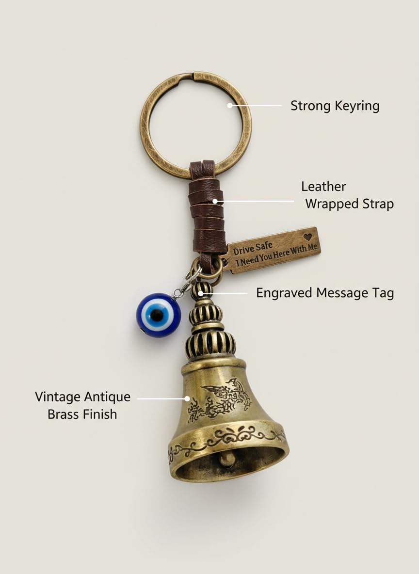 AEROSTARK Guardian Bell For Bike Keychain with Leather Strap & Evil Eye Charm | Drive Safe I Need You Here With Me Tag | Antique Brass Lucky Bell Keyring for Bike Car Scooter | Gift for Men Riders
