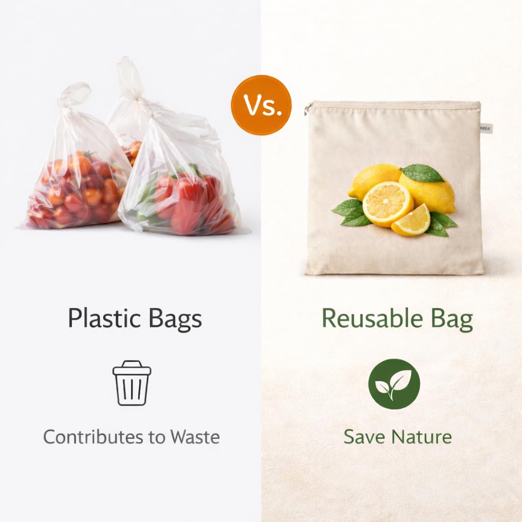 Preffers Reusable Cotton Vegetable Bag for Fridge | Washable & Breathable Ziplock bags for fridge | Plastic Free Storage Bags | 12x12 Inches | Pack of 10