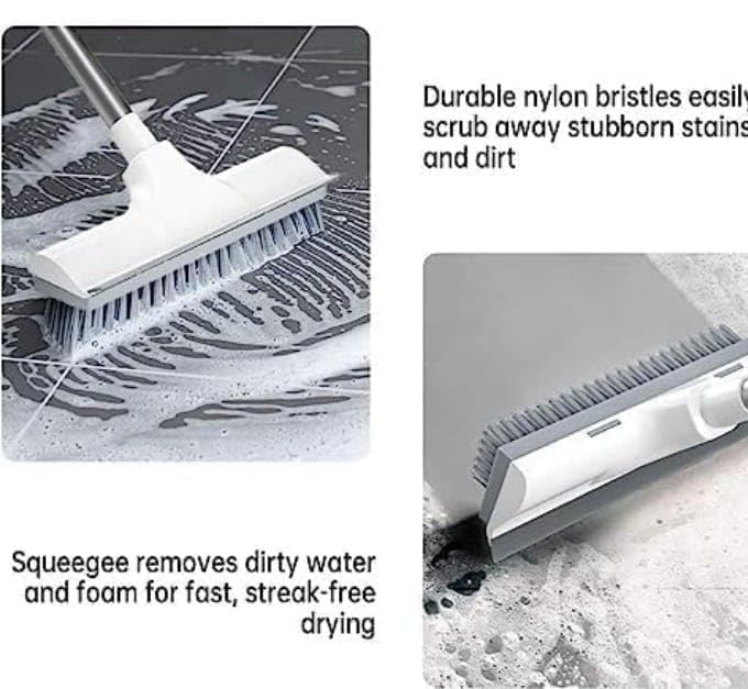 Miltion Multifunctional 2 in 1 Bathroom Cleaning Brush with Wiper, Long Handle Floor and Tiles Scrub Brush, 120° Rotating Head, White