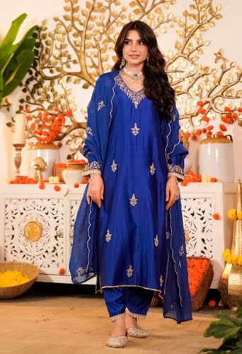 Klosia Women Embroidery Solid Straight Kurta and Pant Set with Dupatta (in, Alpha, 2XL, Blue)