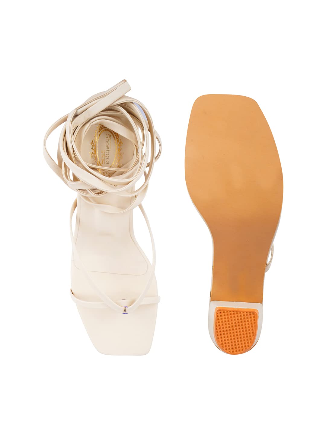 Shoetopia Elegant Cream Block Heel Sandals with Gladiator Detail | Chic Lace-Up Straps | Comfortable Summer Footwear for Women EU38