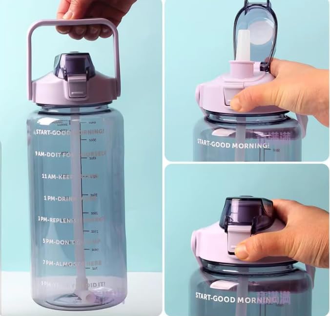 Motivational Water Bottle 2 Litre with Time Marker | Leak Proof BPA Free Gym Bottle | Sports Drinking Bottle with Straw & Handle for Office, Gym, School